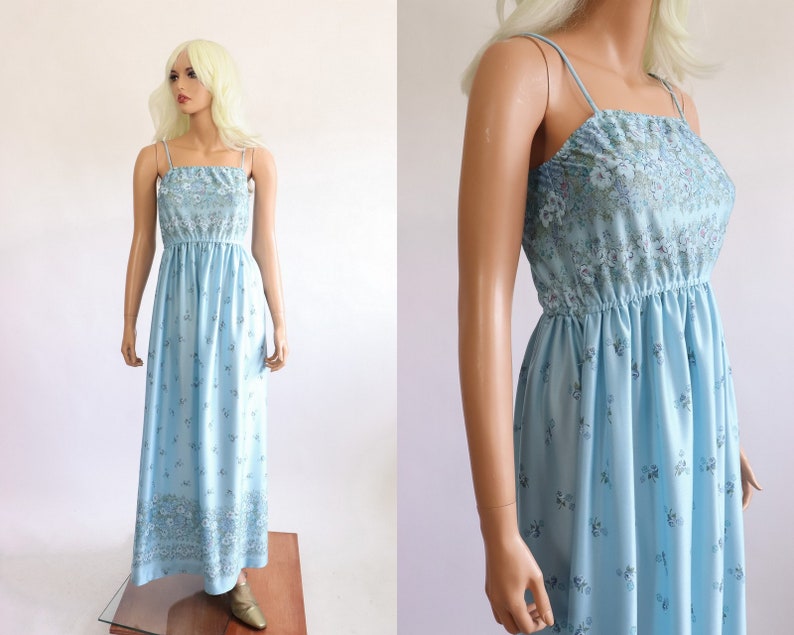 Baby Blue Floral Gown 60s Prom Maxi Babydoll 70s Dress Etsy