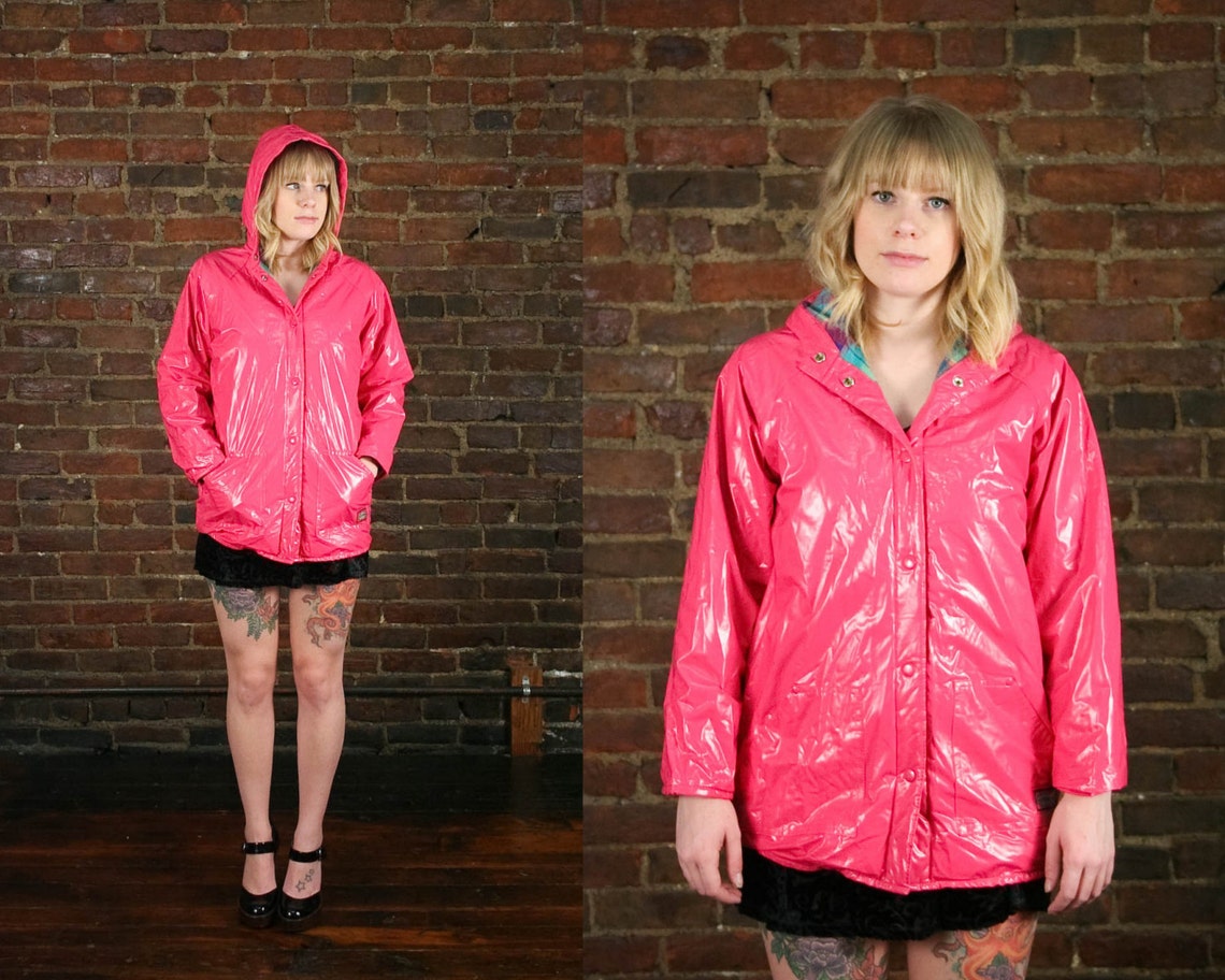 Vintage Slicker Jacket Rain Coat Pink PVC XS S Etsy