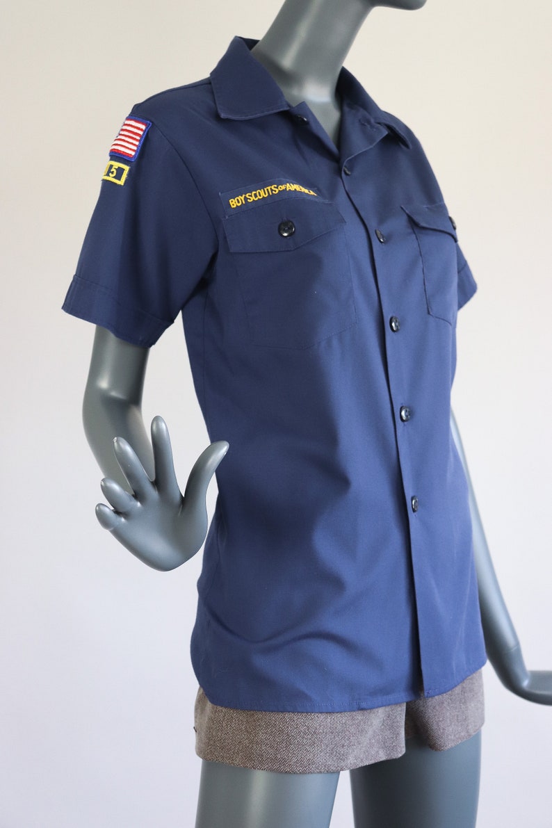 Vintage Boy Scout Uniform Shirt Halloween Costume 90s Utilitarian 1990s Grunge Top Cub Patches Blue Youth Large Womens Small Medium