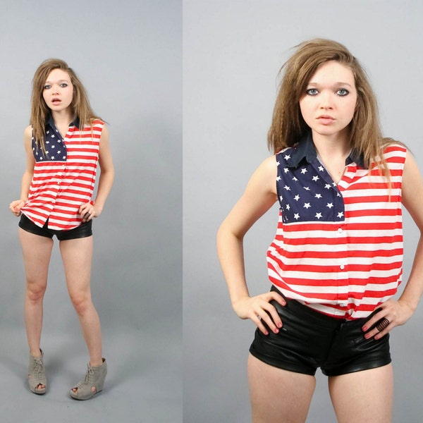 Vintage Iconic American Flag Novelty Print Shirt Blouse USA Top (S - L)