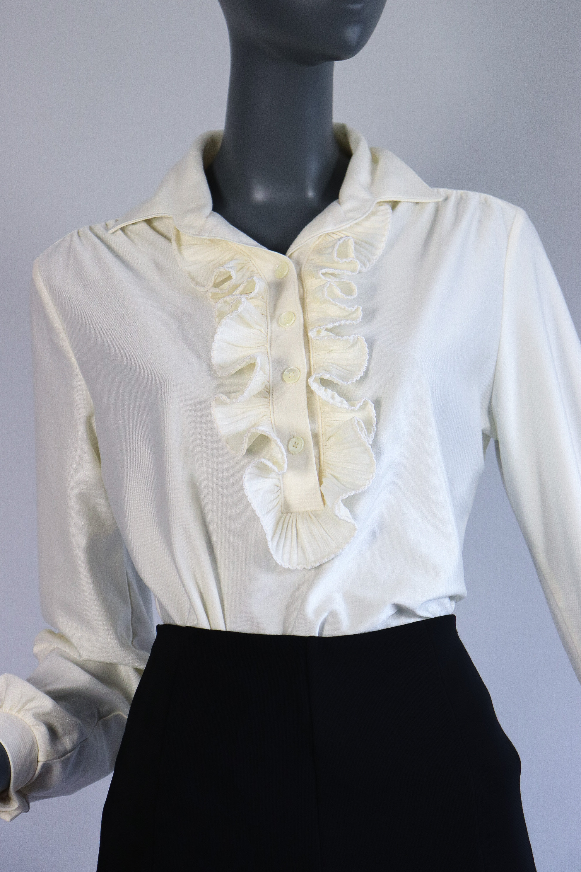 70s Ruffle Ascot Blouse 1970s Victorian Top Cream White Tuxedo | Etsy