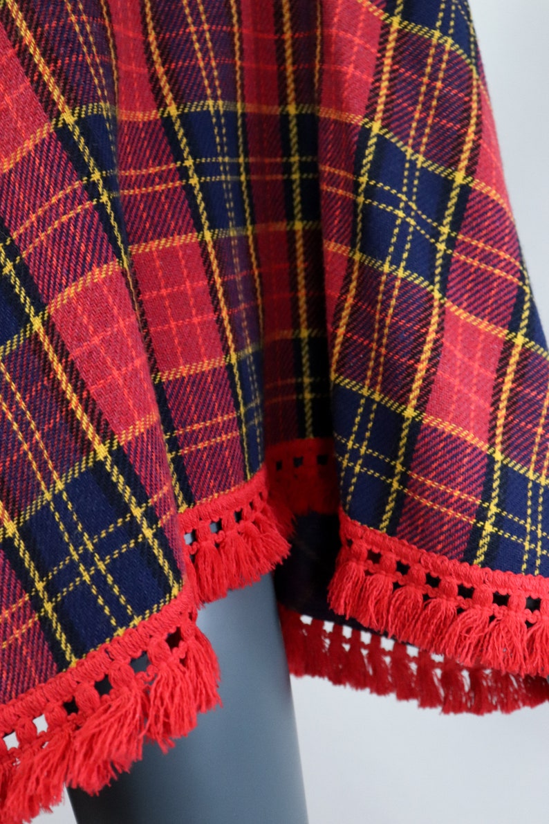 70s Plaid Wool Fringe Cape 60s Poncho 1960s Mod Jacket 1970s Groovy Coat Shawl Hippie Retro Navy Red Keyhole 1960s Mini Dress Open Size