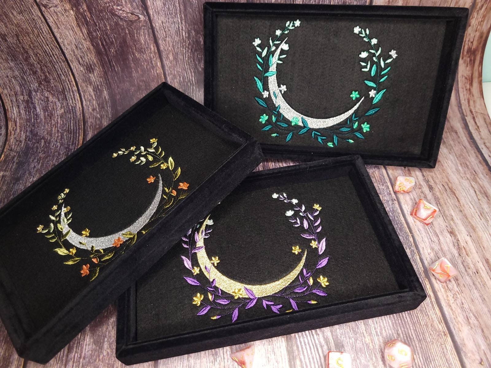 Velvet Dicetray with Moon and Flower embroidery