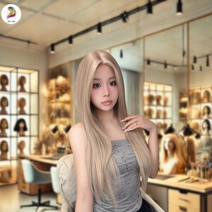 May include: A long, light blonde wig with a natural-looking hairline. The wig has a straight, layered style and falls to the mid-chest. The person is wearing a gray strapless top. The background is a hair salon with wigs on display.