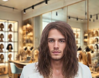 Brown Long Wavy Men’s Wig, 70s Retro Disco Style Synthetic Hair Wig, Natural Looking Heat Resistant Wig for Men, Daily and Party Wear