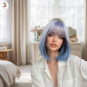Blue Ombre Short Bob Wig with Bangs – 14 Inch Heat-Resistant Synthetic Straight Wig for Women, Hat-Friendly, Daily Natural Style Wig