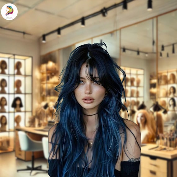 Black and Blue Natural Wave Synthetic Wig for Women | Multicolor Long Curly Wig with Bangs | Heat Resistant Hair for Daily & Party Look
