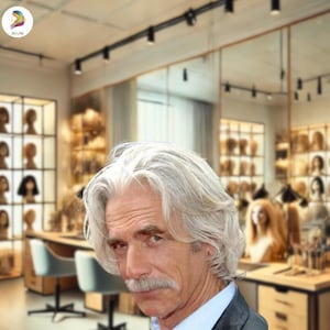 Puede incluir: Un hombre con el pelo largo y blanco y bigote mira a la cámara. Lleva una chaqueta de traje oscura y una camisa azul claro. El fondo es una peluquería con estantes de pelucas.