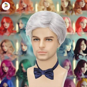 May include: A silver wig with a short, layered style. The wig is on a mannequin head with a blue bow tie.