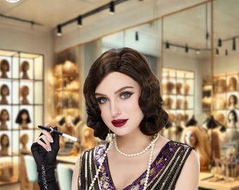 Dark Brown Finger Wave Wig for Women | 1920s Retro Curly Hairpiece | Vintage Gatsby Style Synthetic Wig | Heat-Resistant Finger Waves Wig