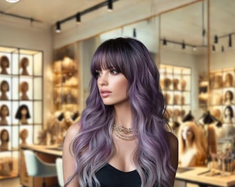 Peruca roxa ombré cacheada de 28 polegadas com franja | Cabelo longo degradê para mulheres | Peruca sintética de aparência natural | Resistente ao calor | Uso diário