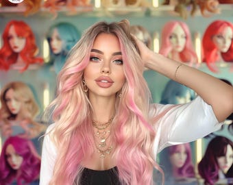 Pink Highlights Curly Wig, Long Wavy Synthetic Wig for Women, Heat-Resistant Lace Front Wig, Fashion Party Wig, Cosplay Hair