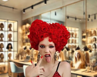 May include: A vibrant red curly wig styled in a heart shape. The wig is the focal point, with a person wearing it, showing a playful expression. The background suggests a wig shop, with various wigs on display.