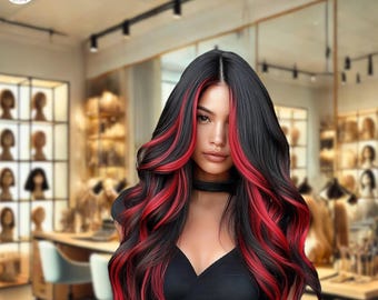 Black Red Highlight Long Wavy Wig – Synthetic Lace Wig, Natural Hairline, Festival Wig, Party Cosplay Wig, Music Festival Hair