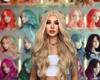 Lange blonde gewellte synthetische Perücke für Frauen, 28-Zoll-hitzebeständige lockige Haarperücke mit Mittelteil, natürliches Aussehen tägliche tragen Modeperücke