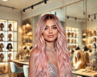 Puede incluir: Una mujer con cabello largo y ondulado de color rosa y un vestido plateado brillante. Lleva un collar plateado. El fondo muestra una peluquería con pelucas en exhibición.