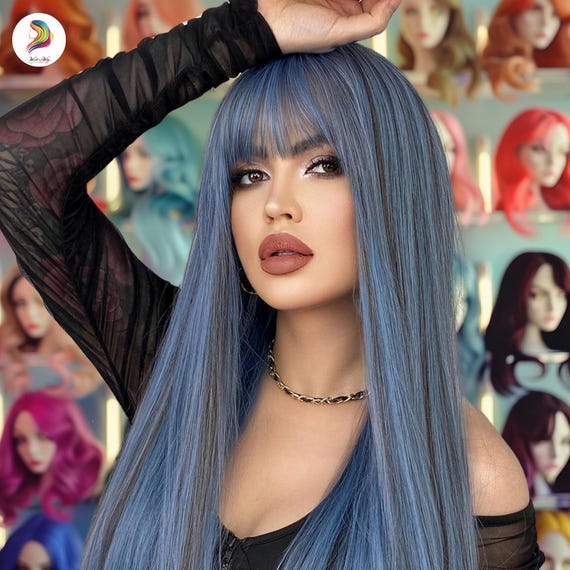Straight Blue Beauty Full Wig!! Amazon.com : Maycaur Blue Synthetic Hair Wigs with Full  main image 2