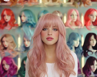 Puede incluir: Una mujer con cabello largo rosa claro y flequillo, vestida con una camisa blanca de manga larga, se encuentra frente a una exhibición de pelucas coloridas. Las pelucas están en cabezas de maniquí, mostrando tonos como rojo, azul y rubio.
