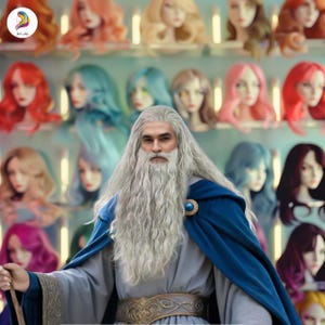 May include: A person with a long white beard and hair wearing a light gray tunic and a dark blue cloak fastened with a circular gold brooch. The person holds a wooden staff, standing in front of a display wall featuring numerous colorful wigs.