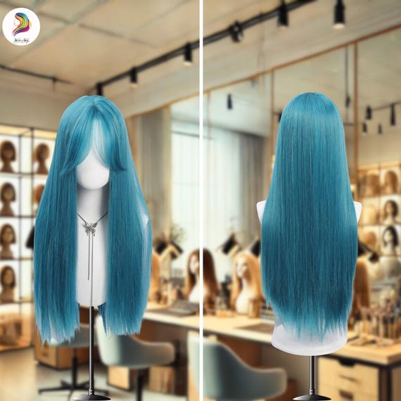 Mint Blue Long Straight Wig: Heat-resistant Synthetic Bangs  display picture 3