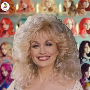 May include: A portrait of a person with voluminous, shoulder-length blonde hair styled in soft waves. The person has a fair complexion, visible makeup, and a smiling expression. The background features a grid of various mannequin heads with wigs.