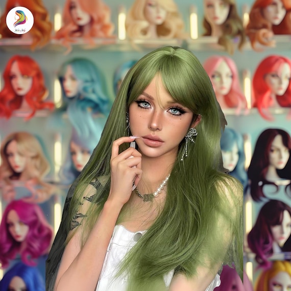 High Quality  GREEN long straight Wig w/ bangs Amazon.com : 7JHH WIGS Long Straight Green Synthetic Wig  main image 2