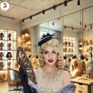 May include: A woman wearing a vintage-style black hat with a veil and a gold and black lace fan. The woman has blonde curly hair and is wearing a beaded dress. The background shows a wig shop with various wigs on display.
