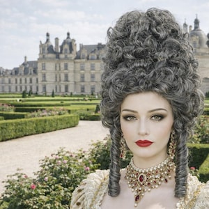 Peruca colonial cinza, peruca encaracolada com penteado colmeia para cosplay, cabelo para traje da corte real do século XVIII.