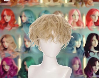 May include: A mannequin head with a short, light blonde wig. The wig has a textured, wavy style. The background features a display of various wigs in different colors, including red, pink, and blue. The wigs are on mannequin heads.