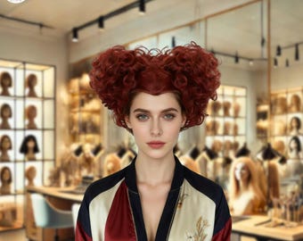 May include: A woman wearing a vibrant red curly wig with a heart-shaped design. She is wearing a satin bomber jacket with floral and geometric patterns. The background is a wig shop with various wigs on display.