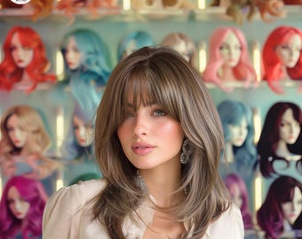 Braune lockige Perücke mit Pony, 18-Zoll-Haar mit Highlight, weiches Volumen, natürliches Aussehen Perücke für den täglichen Gebrauch