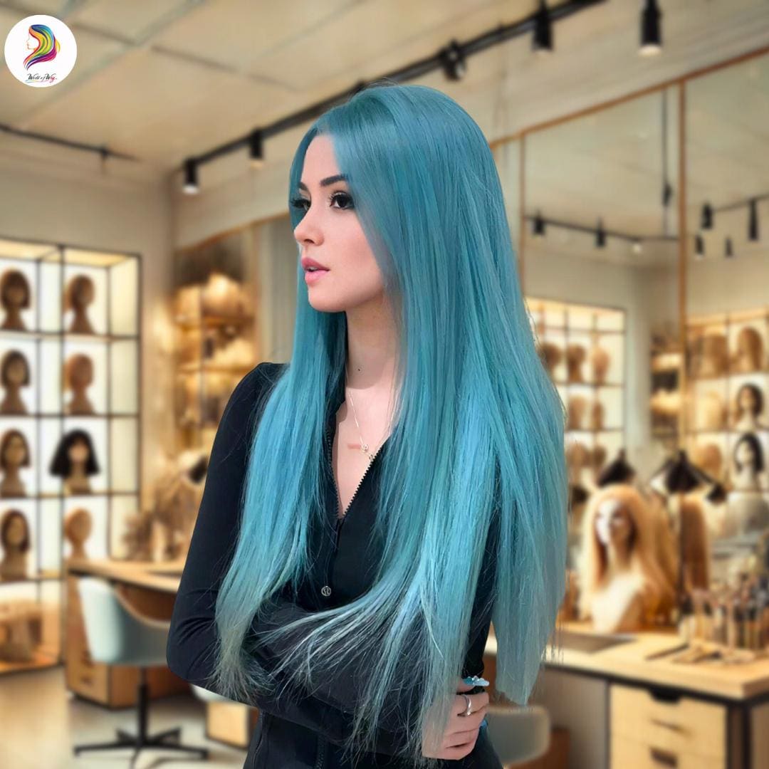 High Quality  TEAL long straight Wig w/ bangs Long Blue Wig With Bangs, Straight Pastel Blue Hair Wig  main image 4