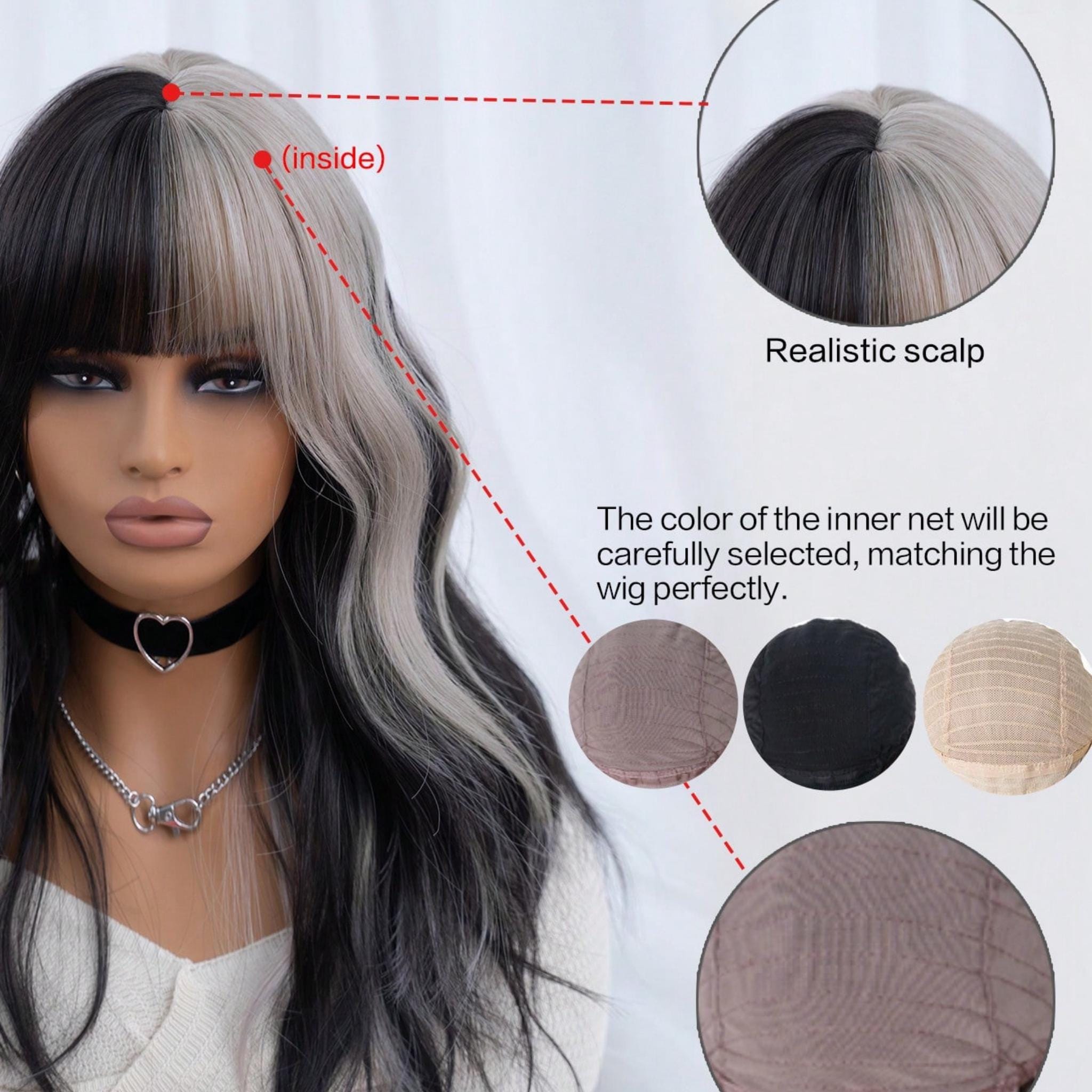 Half Black and Blonde Split Wig With Bangs, Two-tone Long 