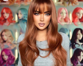 Lång brun peruk med lugg, naturlig brunett peruk, vågig syntetisk peruk i lager, cosplay- och vardagsperuk, värmebeständig fiberperuk
