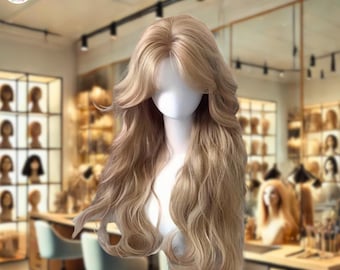 66 cm lange gewellte blonde Perücke für Frauen - natürlich aussehendes synthetisches lockiges Haar mit Pony, hitzebeständige Party & tägliche Perücke