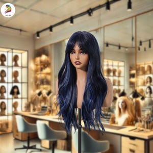 May include: A dark blue wig with long, wavy layers and a fringe is displayed on a mannequin head. The wig has a subtle ombre effect, transitioning from a darker shade at the roots to a lighter blue at the ends. The mannequin is in a hair salon.
