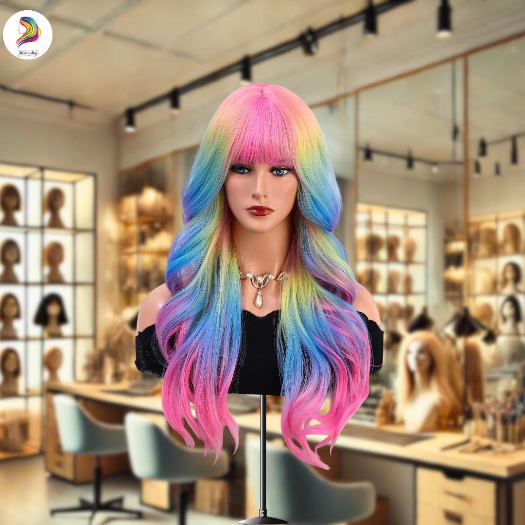 Rainbow Long Wavy Wig With Bangs – 24” Heat-resistant 