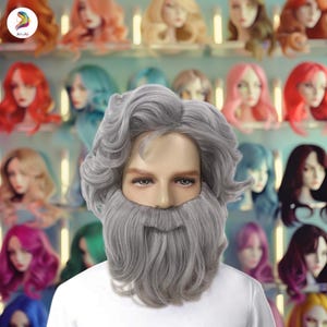 May include: A gray wig with a long, curly style and a matching gray beard. The wig and beard are displayed on a mannequin head in front of a wall of colorful wigs.