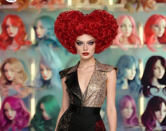 Red Beehive Updo Wig, Heart Shape Curly Cosplay Wig, Short Colonial Queen Hair for Statement Look