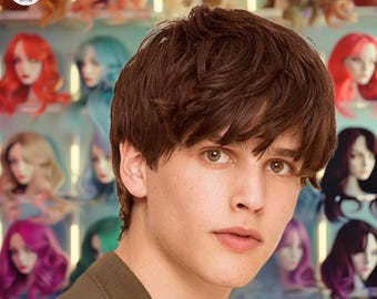 Short Brown Bob Wig With Bangs, Men's Synthetic Wig, Natural Brown Bob Wig for Men, Short Men's Wig, Bob Cut Wig, Men's Wig with Bangs