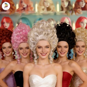 May include: A group of women wearing various colorful wigs, including red, pink, black, and blonde. The wigs are styled in a voluminous, curly fashion. The women are smiling and wearing strapless dresses. Other wigs are displayed on shelves in the background.