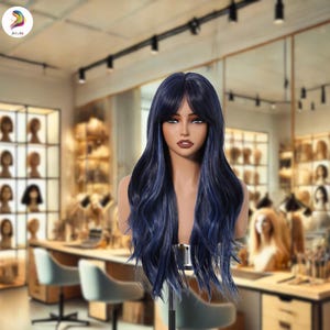 May include: A long, wavy wig with dark blue and black tones, styled with a fringe. The wig is displayed on a mannequin head in a hair salon setting. The hair has a natural-looking texture and a subtle color gradient.