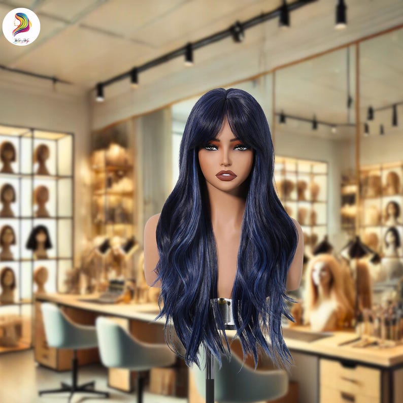 May include: A long, wavy wig with dark blue and black tones, styled with a fringe. The wig is displayed on a mannequin head in a hair salon setting. The hair has a natural-looking texture and a subtle color gradient.