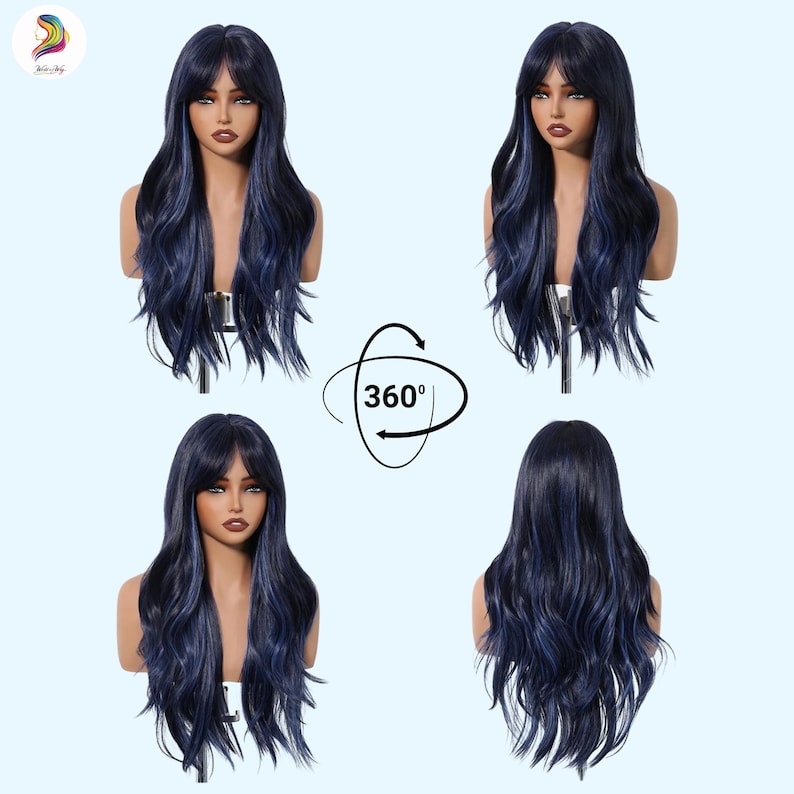 May include: A long, wavy wig with dark blue and blue highlights, styled with a fringe. The wig is displayed on a mannequin head, showcasing a 360-degree view. The hair has a natural-looking texture and is suitable for cosplay or everyday wear.