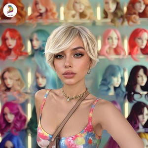 Könnte beinhalten: Eine Frau mit kurzen, blonden Haaren und einem bunten Oberteil posiert vor einer Ausstellung von Perücken. Die Perücken sind in verschiedenen Farben, darunter Rot, Rosa und Blau. Sie trägt eine goldene Halskette und Creolen.