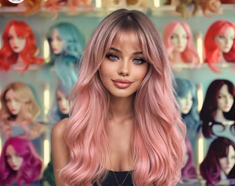 Puede incluir: Una mujer con el pelo largo, ondulado y rosa y un top negro sin mangas. Lleva un collar plateado con un colgante. El fondo es una pared con muchas pelucas de diferentes colores.