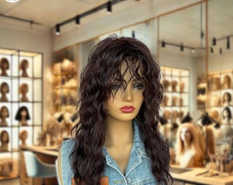 Dark Brown Wavy Wig with Bangs: Heat-Resistant Synthetic Hair, Cosplay & Daily Wear