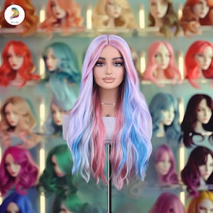 Pastel Pink Blue Ombre Wig, Long Wavy Synthetic Wig for Women, Fantasy Cosplay Wig, Colorful Gradient Hair, Heat-Resistant Party Wig