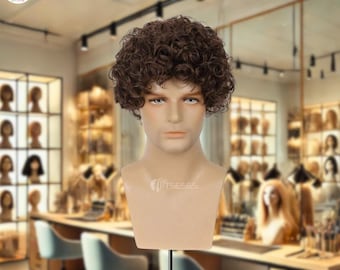 Men's Short Brown Curly Afro Wig: Heat-Resistant Synthetic Hair