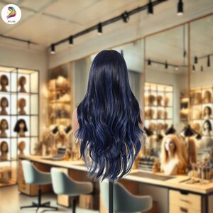 May include: A long, wavy wig with dark blue hair and lighter blue highlights. The wig is displayed on a mannequin head in a hair salon setting. The hair has a natural-looking wave pattern.